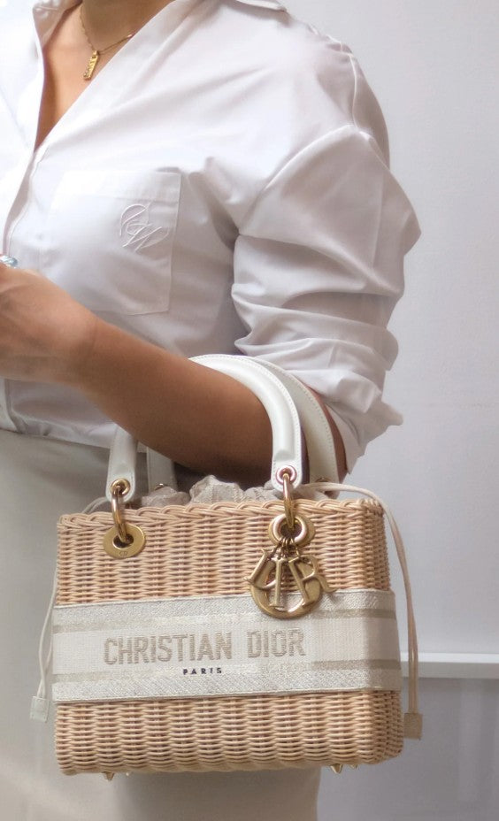 Torebka koszyk Lady Dior medium Beige Oblique Natural Wicker/Brushed Gold