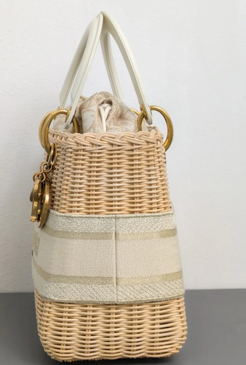 Torebka koszyk Lady Dior medium Beige Oblique Natural Wicker/Brushed Gold