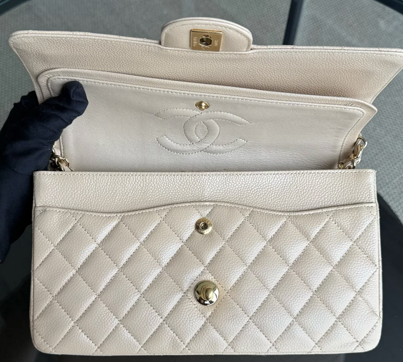 Torebka Chanel medium caviar beige/gold 2012 FULL SET