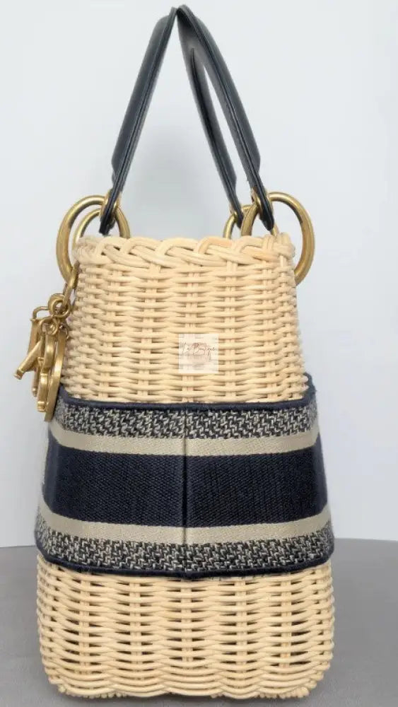 Torebka koszyk Lady Dior medium Blue Oblique Jacquard Natural Wicker/brushed gold