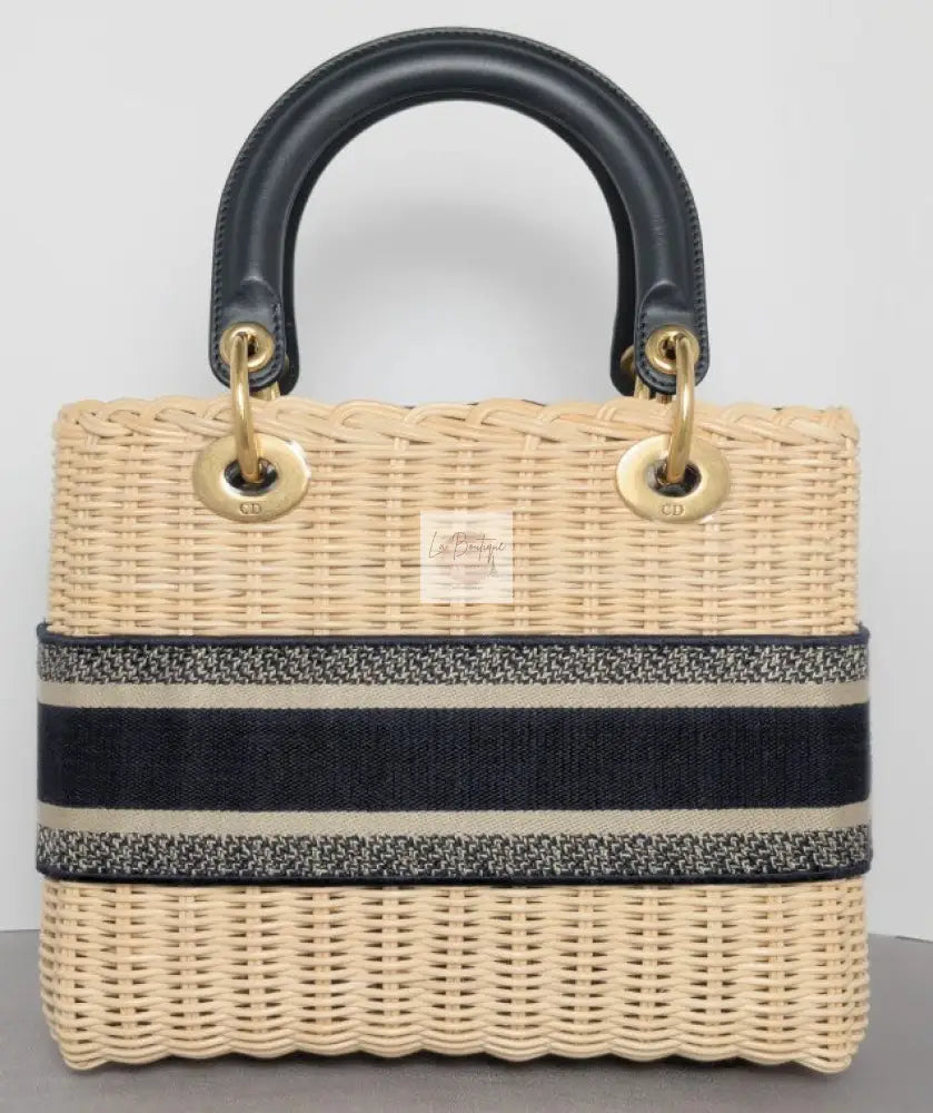 Torebka koszyk Lady Dior medium Blue Oblique Jacquard Natural Wicker/brushed gold