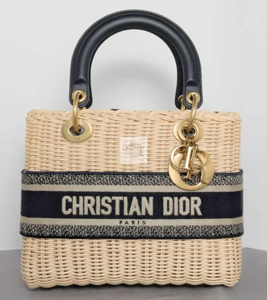 Torebka koszyk Lady Dior medium Blue Oblique Jacquard Natural Wicker/brushed gold