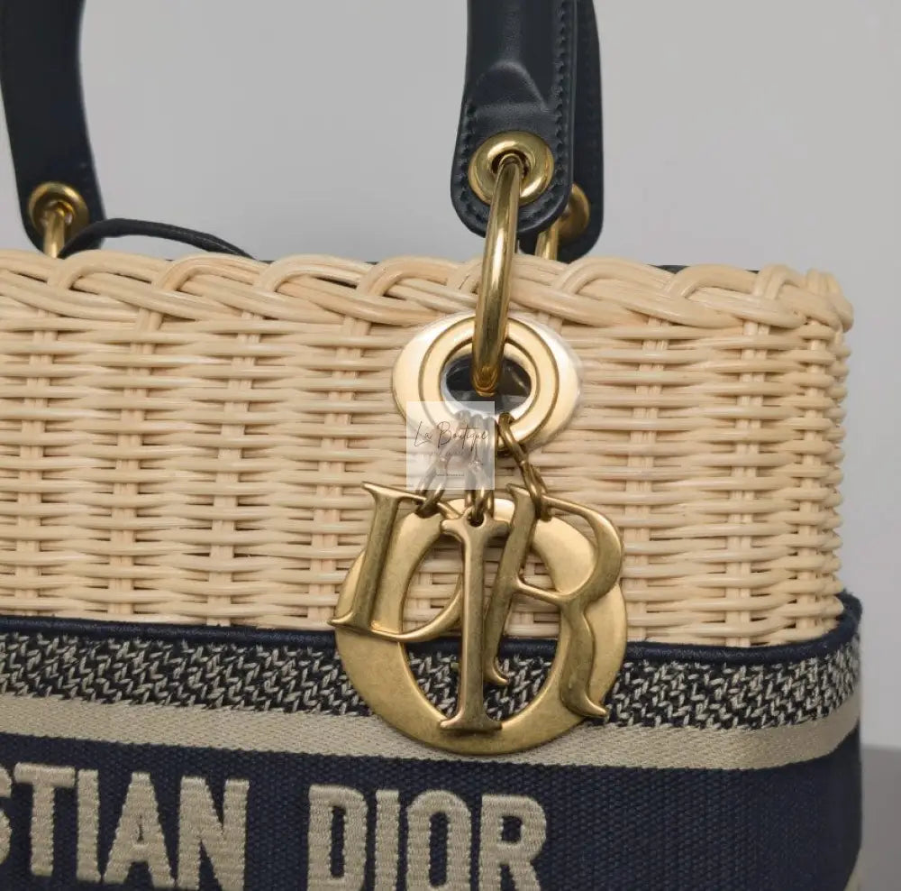Torebka koszyk Lady Dior medium Blue Oblique Jacquard Natural Wicker/brushed gold