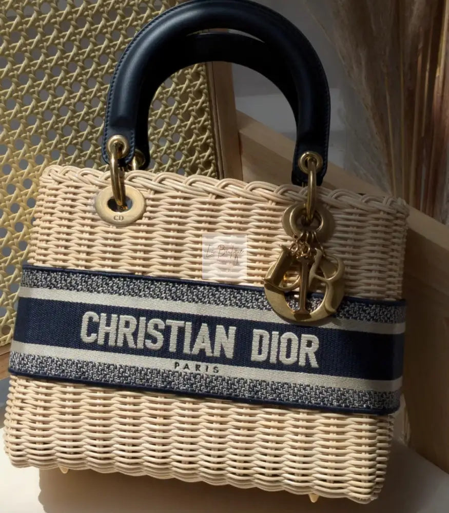 Torebka koszyk Lady Dior medium Blue Oblique Jacquard Natural Wicker/brushed gold