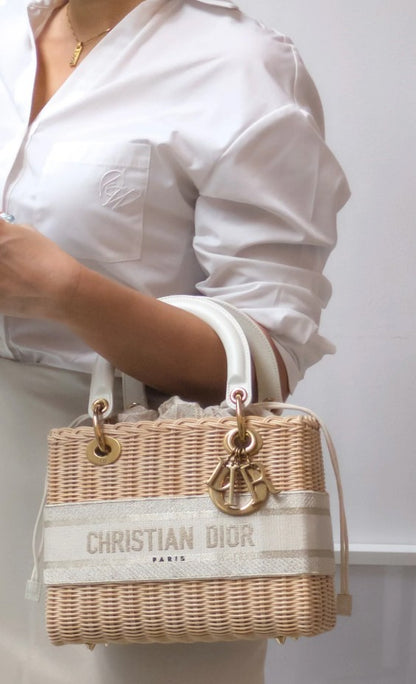 Torebka koszyk Lady Dior medium Beige Oblique Natural Wicker/Brushed Gold