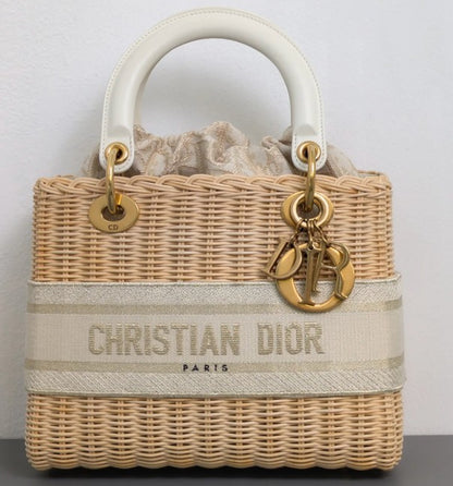 Torebka koszyk Lady Dior medium Beige Oblique Natural Wicker/Brushed Gold