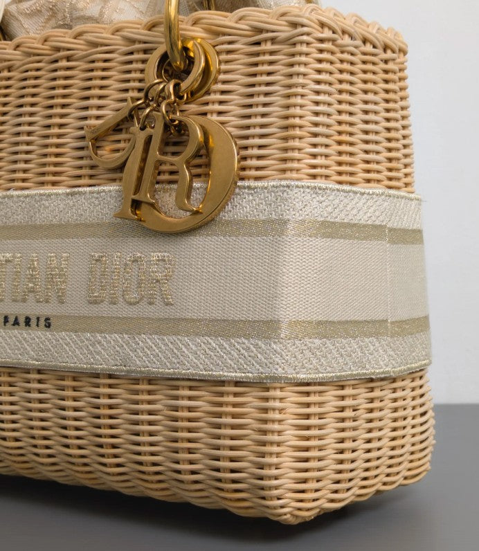 Torebka koszyk Lady Dior medium Beige Oblique Natural Wicker/Brushed Gold