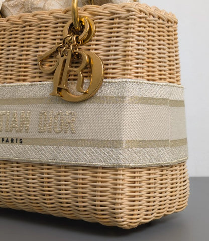 Torebka koszyk Lady Dior medium Beige Oblique Natural Wicker/Brushed Gold
