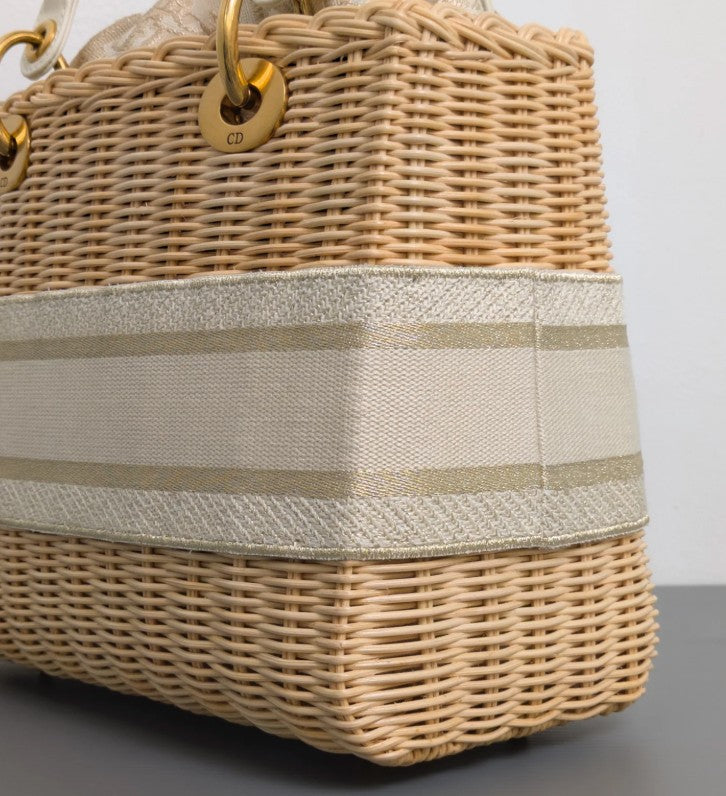 Torebka koszyk Lady Dior medium Beige Oblique Natural Wicker/Brushed Gold