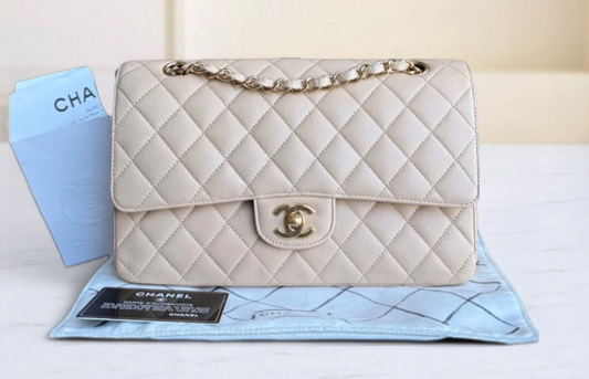 Torebka Chanel medium caviar beige/gold 2012 FULL SET