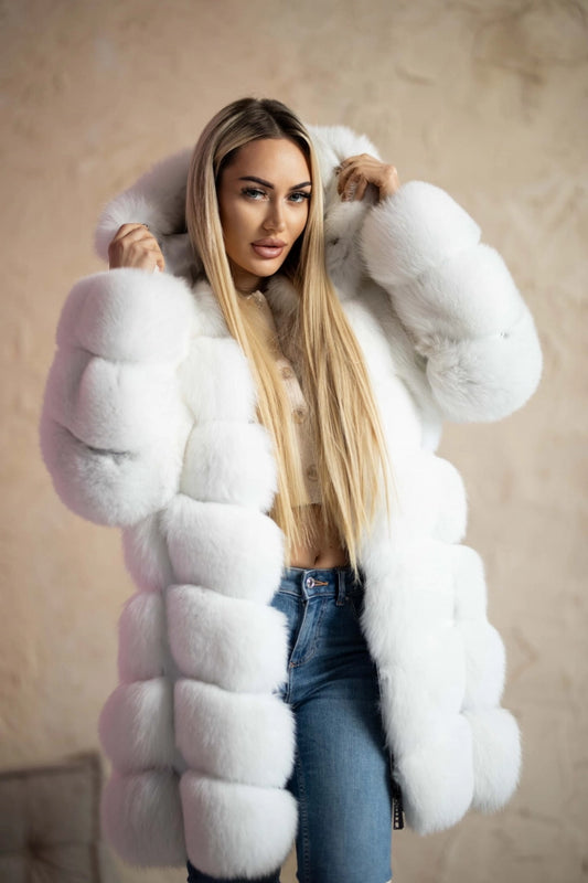 Luksusowe Futro z Lisa Białego 2w1 z Kapturem M/38