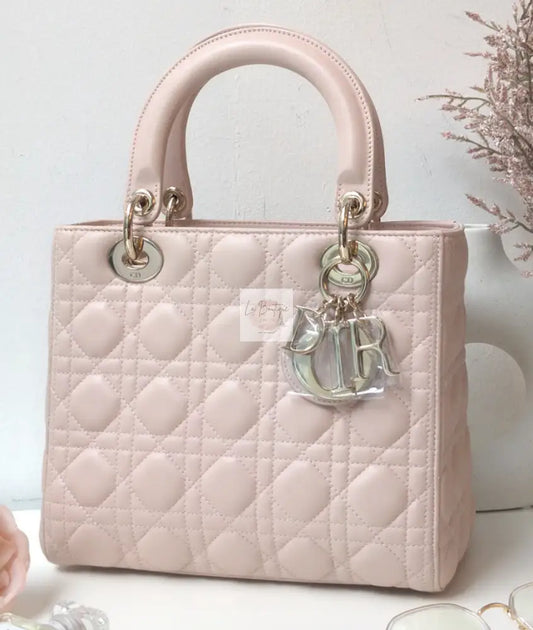 Torebka Dior Lady medium pudrowy róż jasno złoty hdw NOWA
