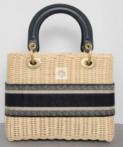 Torebka koszyk Lady Dior medium Blue Oblique Jacquard Natural Wicker/brushed gold