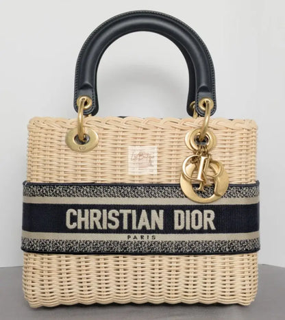 Torebka koszyk Lady Dior medium Blue Oblique Jacquard Natural Wicker/brushed gold