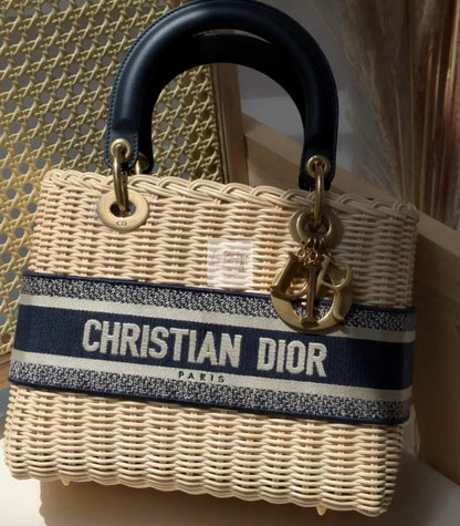 Torebka koszyk Lady Dior medium Blue Oblique Jacquard Natural Wicker/brushed gold